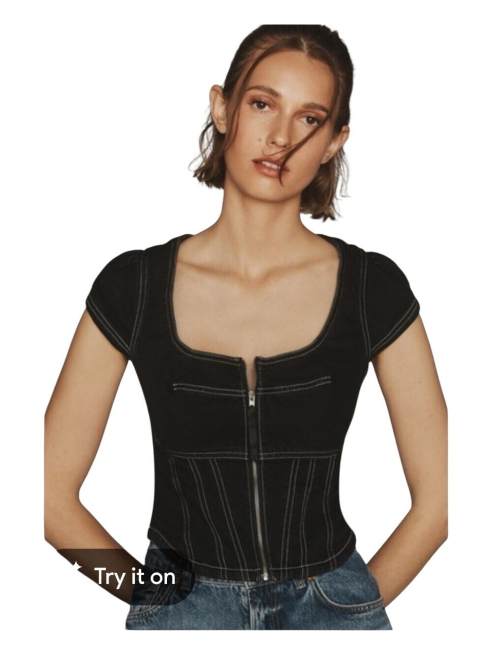Pilcro Womens Black Contrast Stitch Edgy Festival Crop Denim Corset Top Large